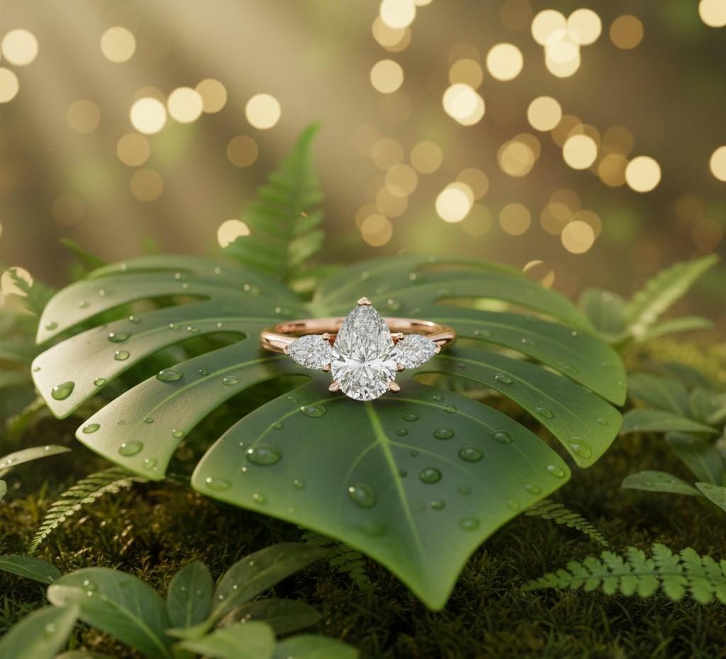 Pear cut cubic zirconia engagement ring in gold and silver by Riora, showing the detailed sparkling gemstone and sleek band design.