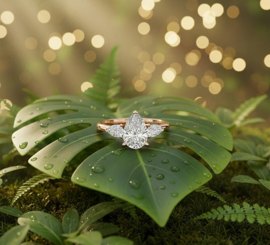 Pear cut cubic zirconia engagement ring in gold and silver by Riora, showing the detailed sparkling gemstone and sleek band design.