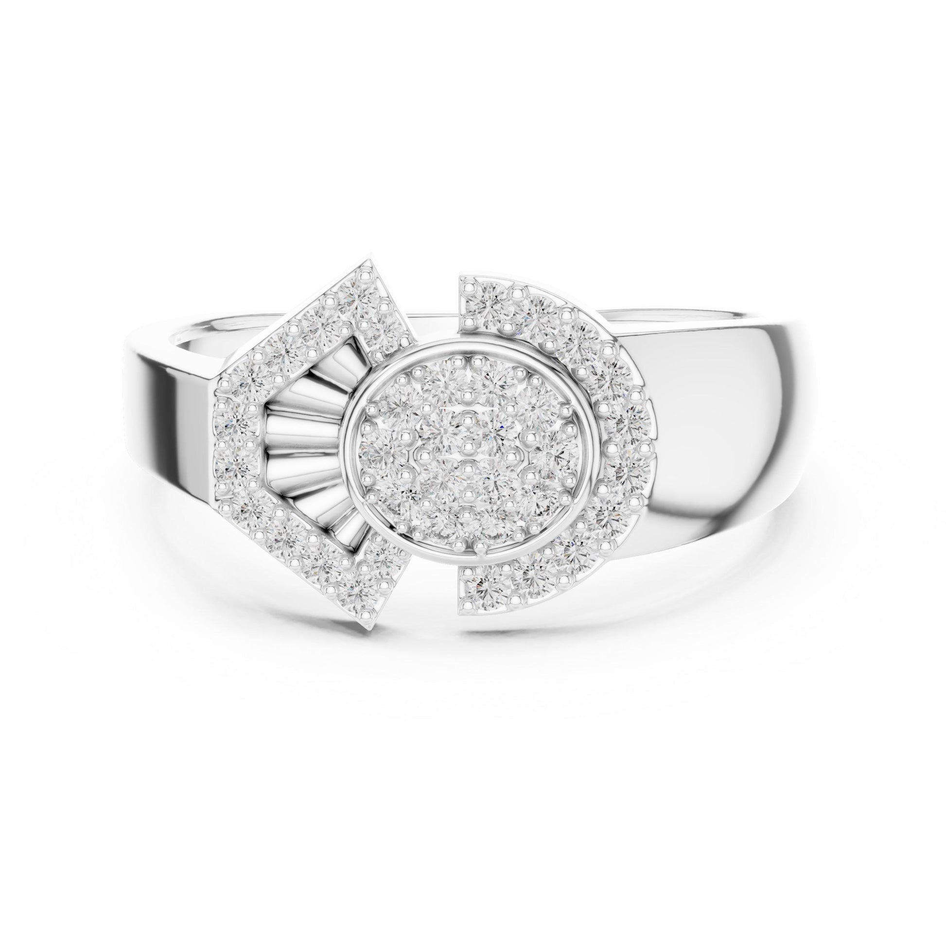 Riora luxury moissanite diamond statement ring in rose gold with bold bridal band design and intricate engagement jewelry details