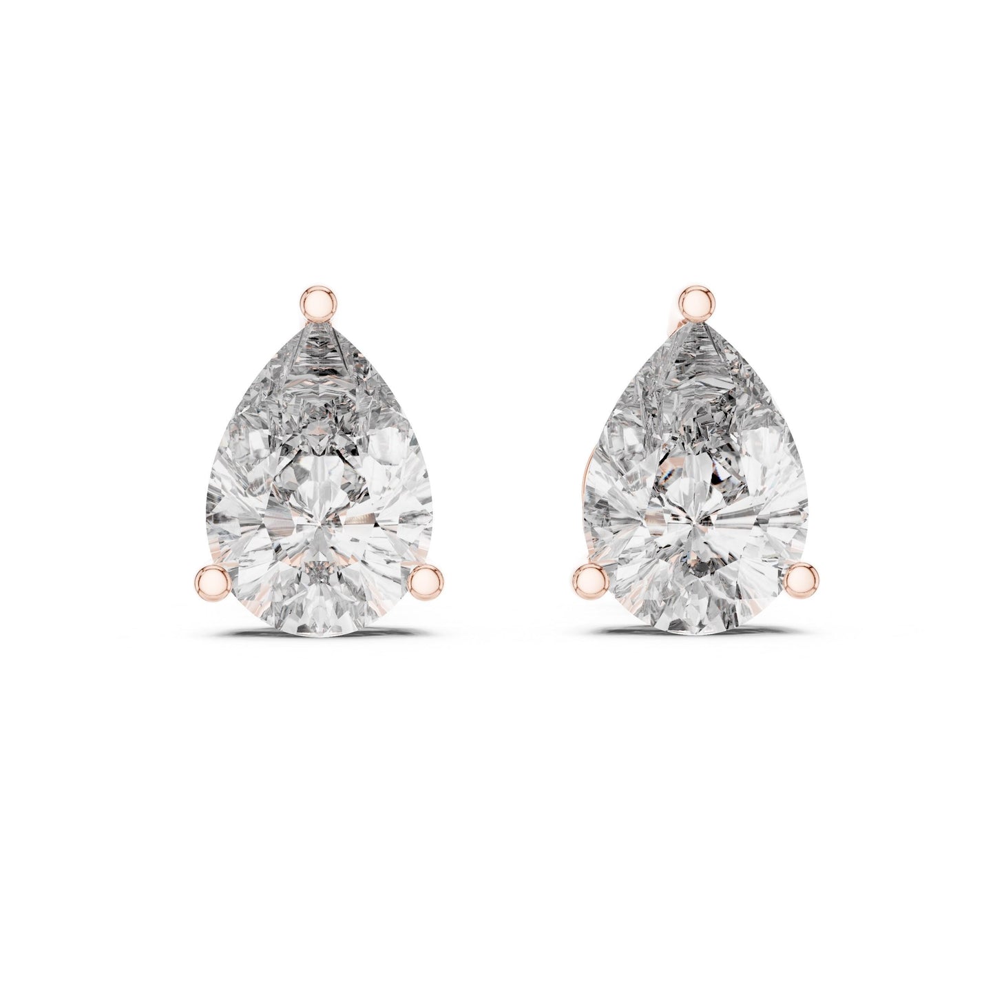 Pear cut moissanite diamond stud earrings in rose gold, minimalist teardrop design, perfect for bridal or wedding jewelry.