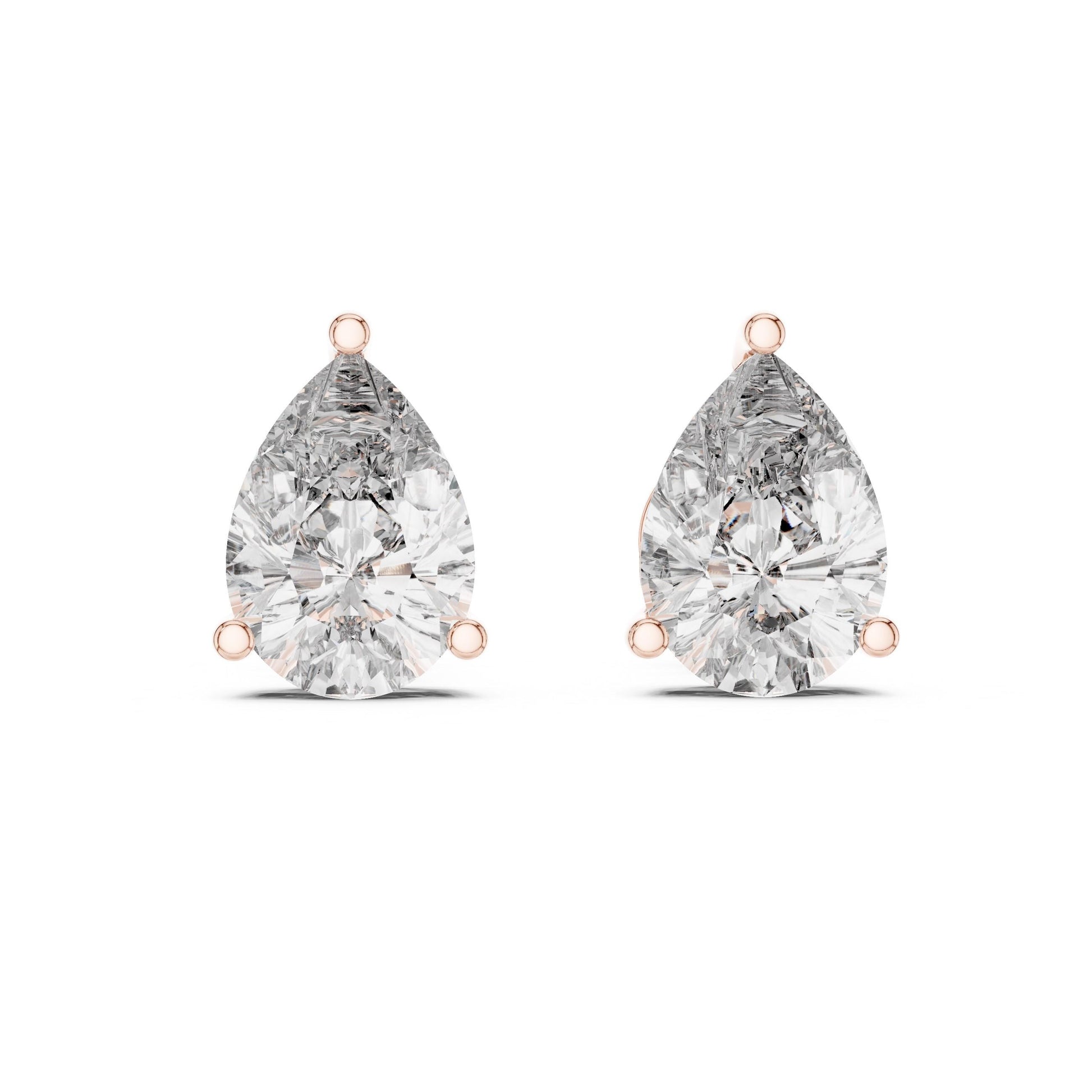 Pear cut moissanite diamond stud earrings in rose gold, minimalist teardrop design, perfect for bridal or wedding jewelry.