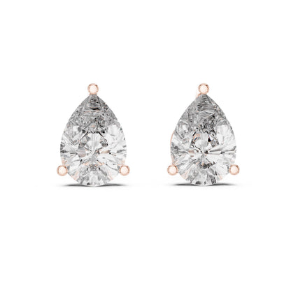 Pear cut moissanite diamond stud earrings in rose gold, minimalist teardrop design, perfect for bridal or wedding jewelry.