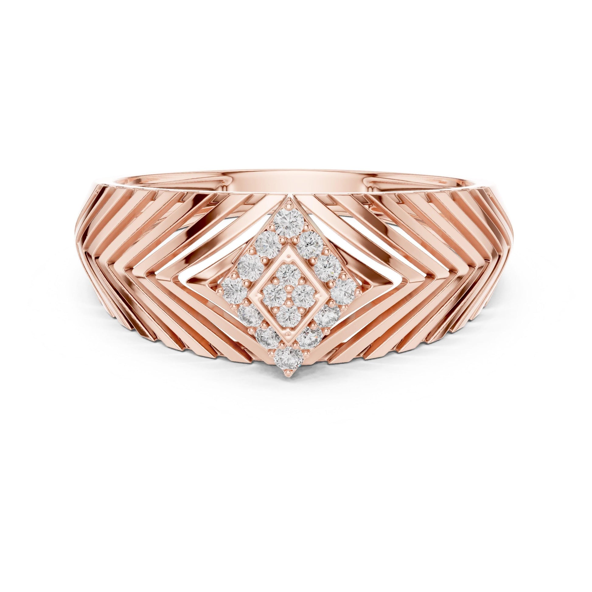 Riora geometric CZ chevron wide band ring in gold rose with hypoallergenic design, perfect for luxury anniversary or promise jewelry.
