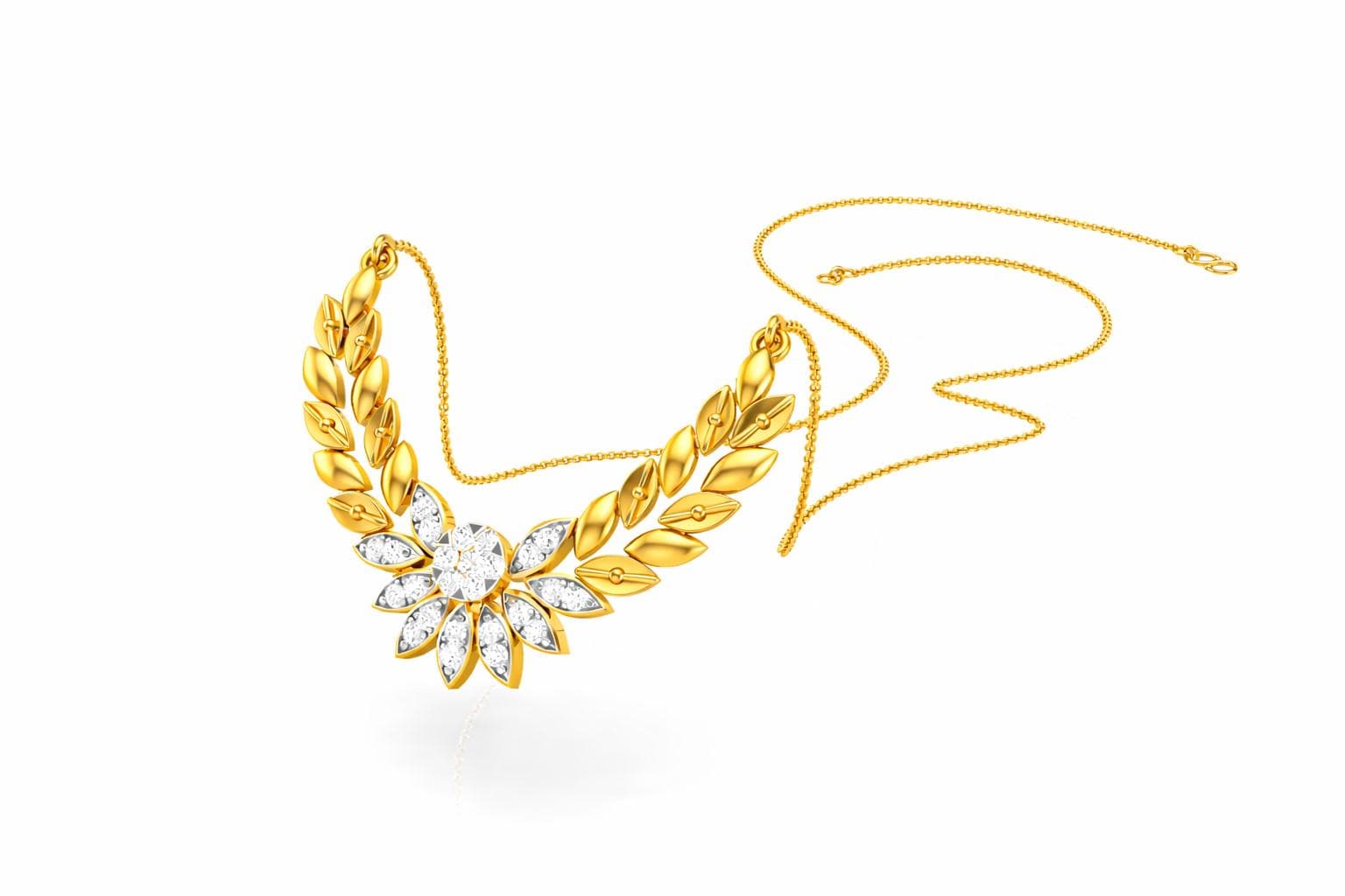 Gold and rose gold moissanite laurel leaf necklace with a minimalist bridal pendant, diamond-style wedding jewelry by Riora.