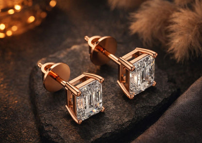 Riora emerald cut moissanite diamond stud earrings, 7.5x5.5mm, minimalist bridal jewelry for wedding or everyday luxury.