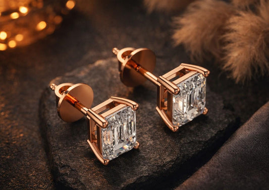 Riora emerald cut moissanite diamond stud earrings, 7.5x5.5mm, minimalist bridal jewelry for wedding or everyday luxury.