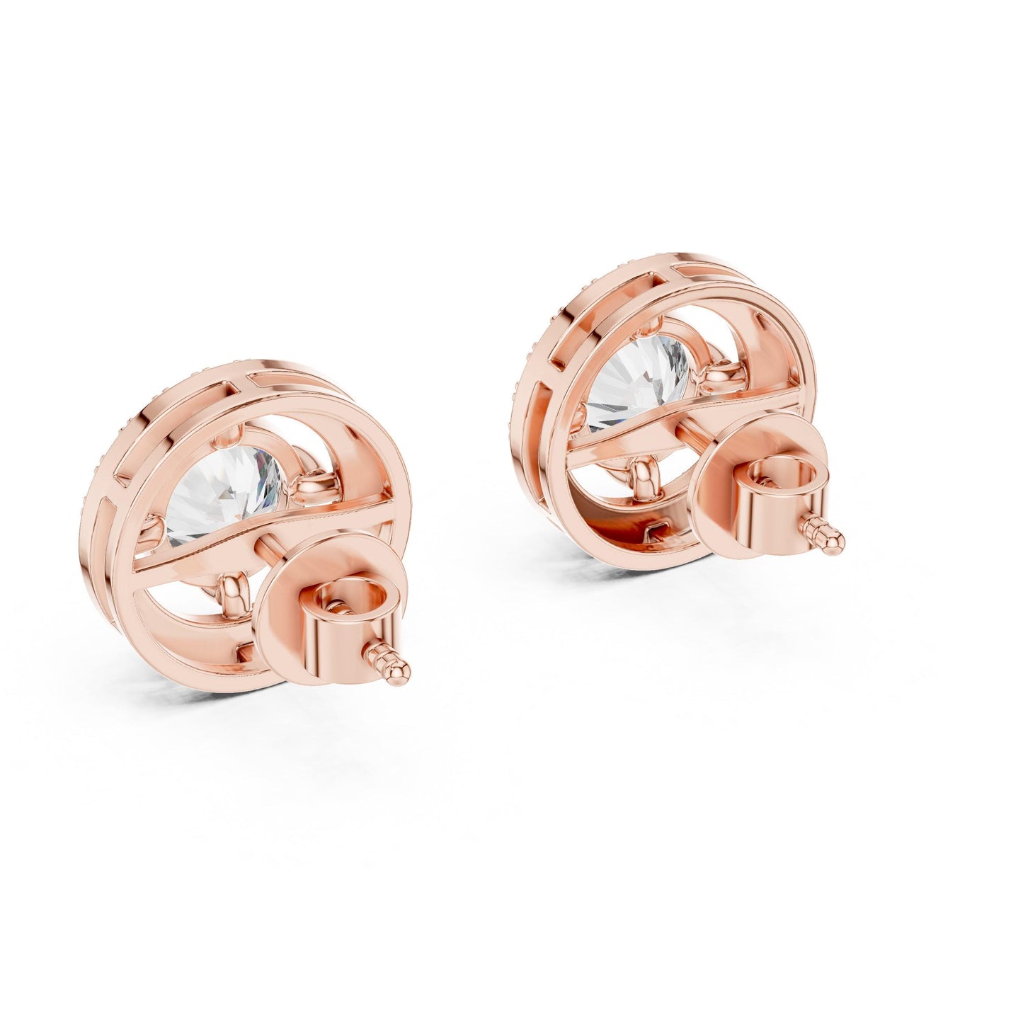 Riora 6.5mm moissanite diamond halo stud earrings in gold and rose gold, bridal wedding jewelry with sparkling gemstone accents