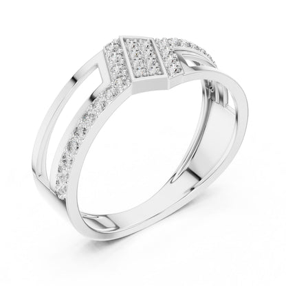 Riora modern CZ split shank geometric ring in gold, rose, and silver with statement design, perfect for anniversary jewelry.