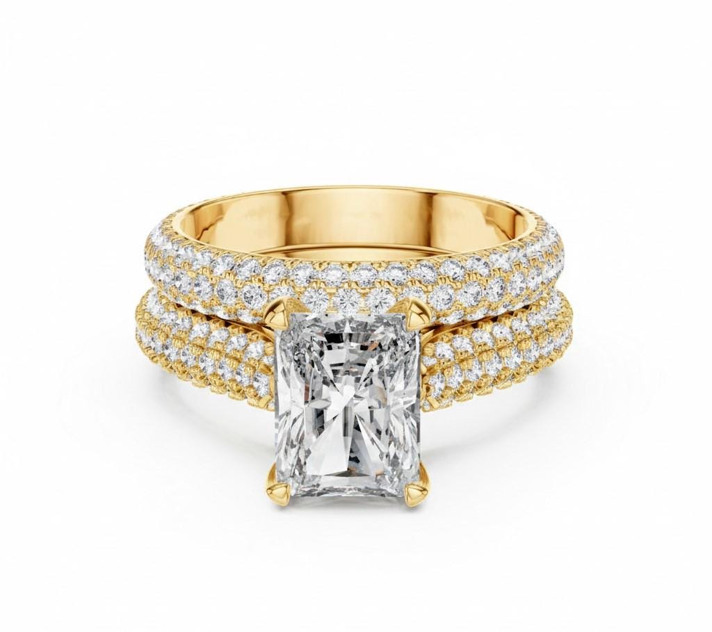 Radiant Cut CZ Engagement Ring | Pave Eternity Band | Gold, Rose Gold & Silver