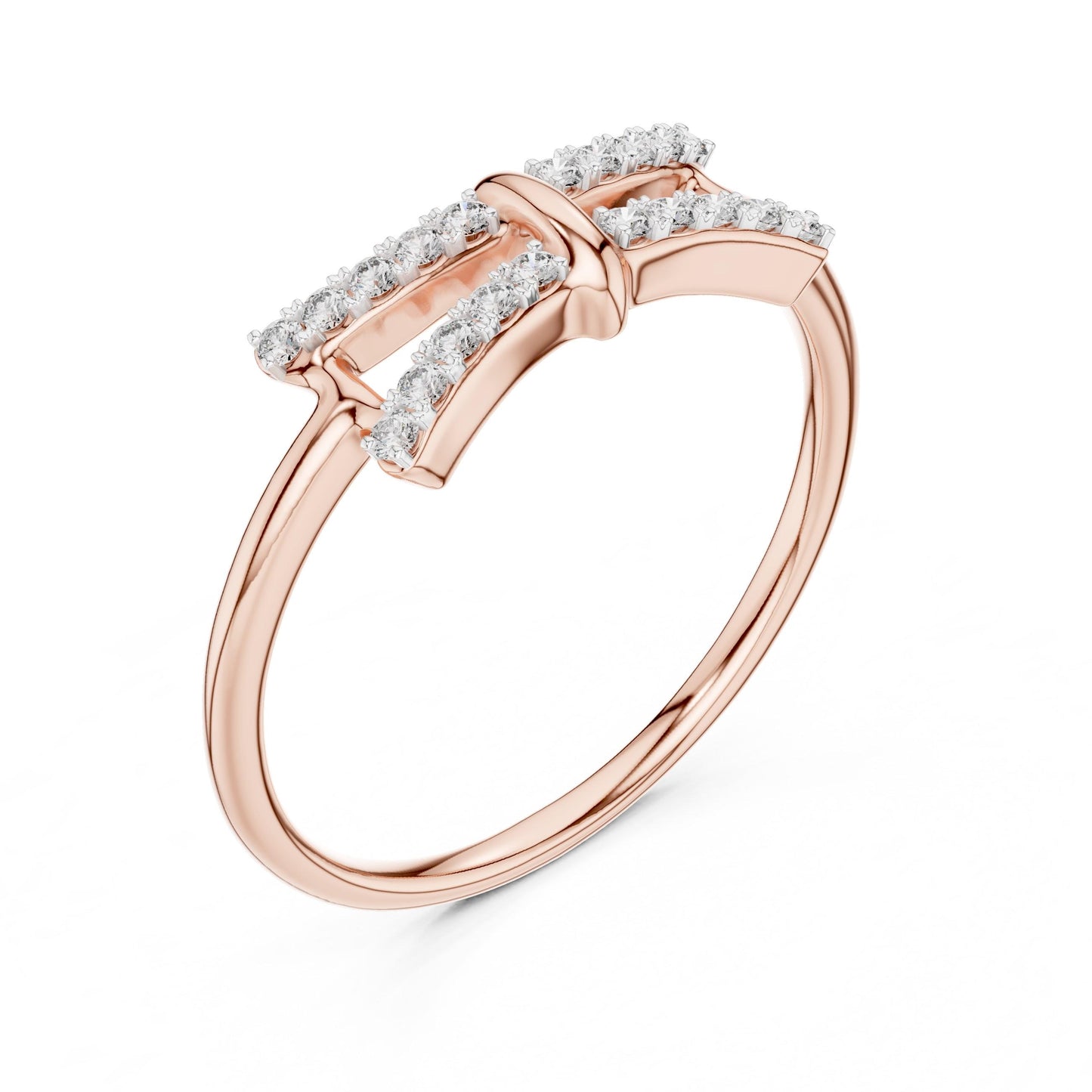 Riora moissanite bow ring with split band, rose gold wedding jewelry, minimalist promise ring with diamond-style sparkle