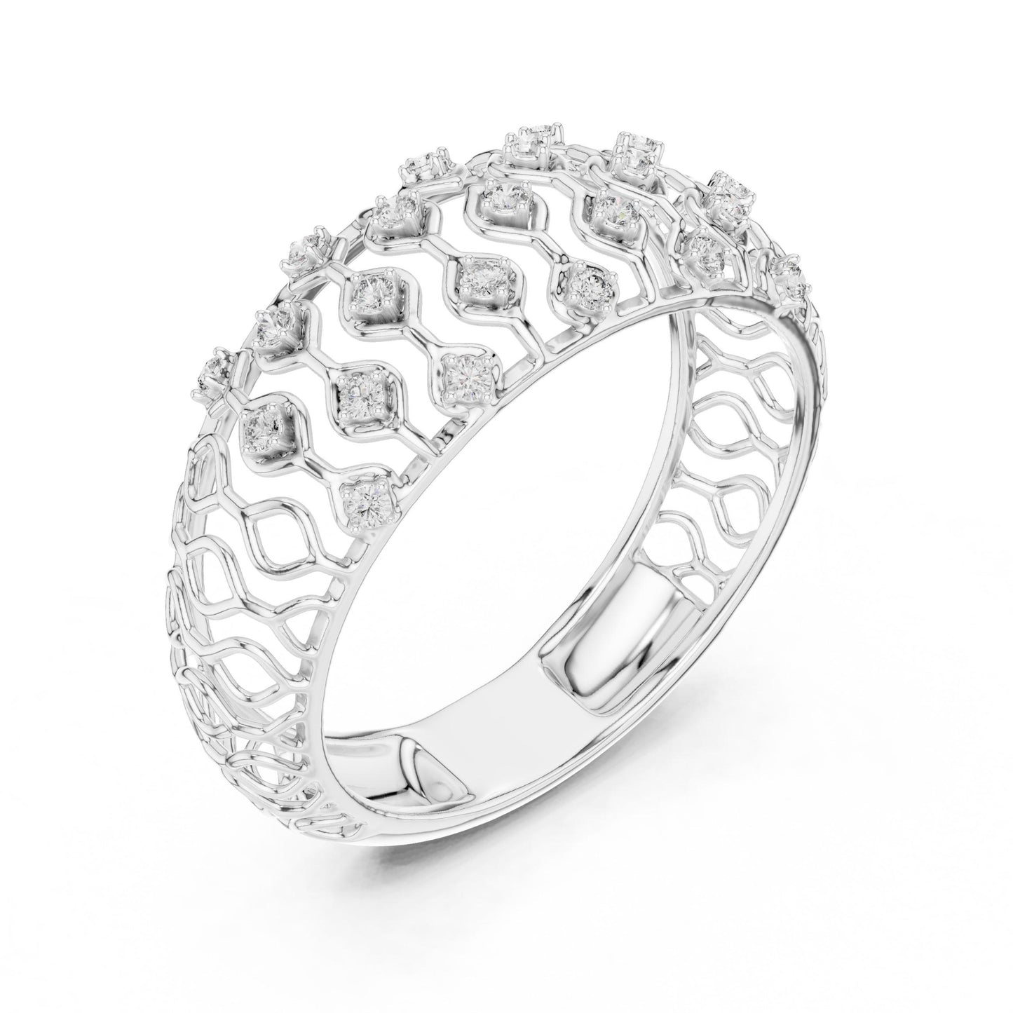 Riora moissanite wide rose gold wedding band with lattice design, diamond look, perfect for anniversary or bridal jewelry.
