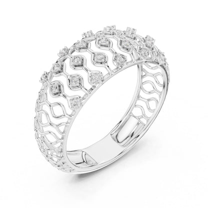 Riora moissanite wide rose gold wedding band with lattice design, diamond look, perfect for anniversary or bridal jewelry.
