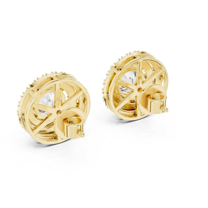 Riora luxury halo moissanite diamond stud earrings with round sparkling stones, ideal for bridal or wedding jewelry.