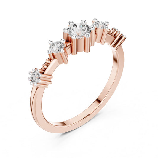 Riora vintage rose gold five stone moissanite engagement ring with crown prongs and minimalist design for women.