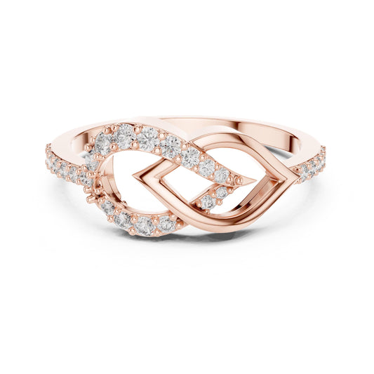 Rose gold infinity heart moissanite diamond ring featuring a delicate, romantic design with a love-inspired promise band.