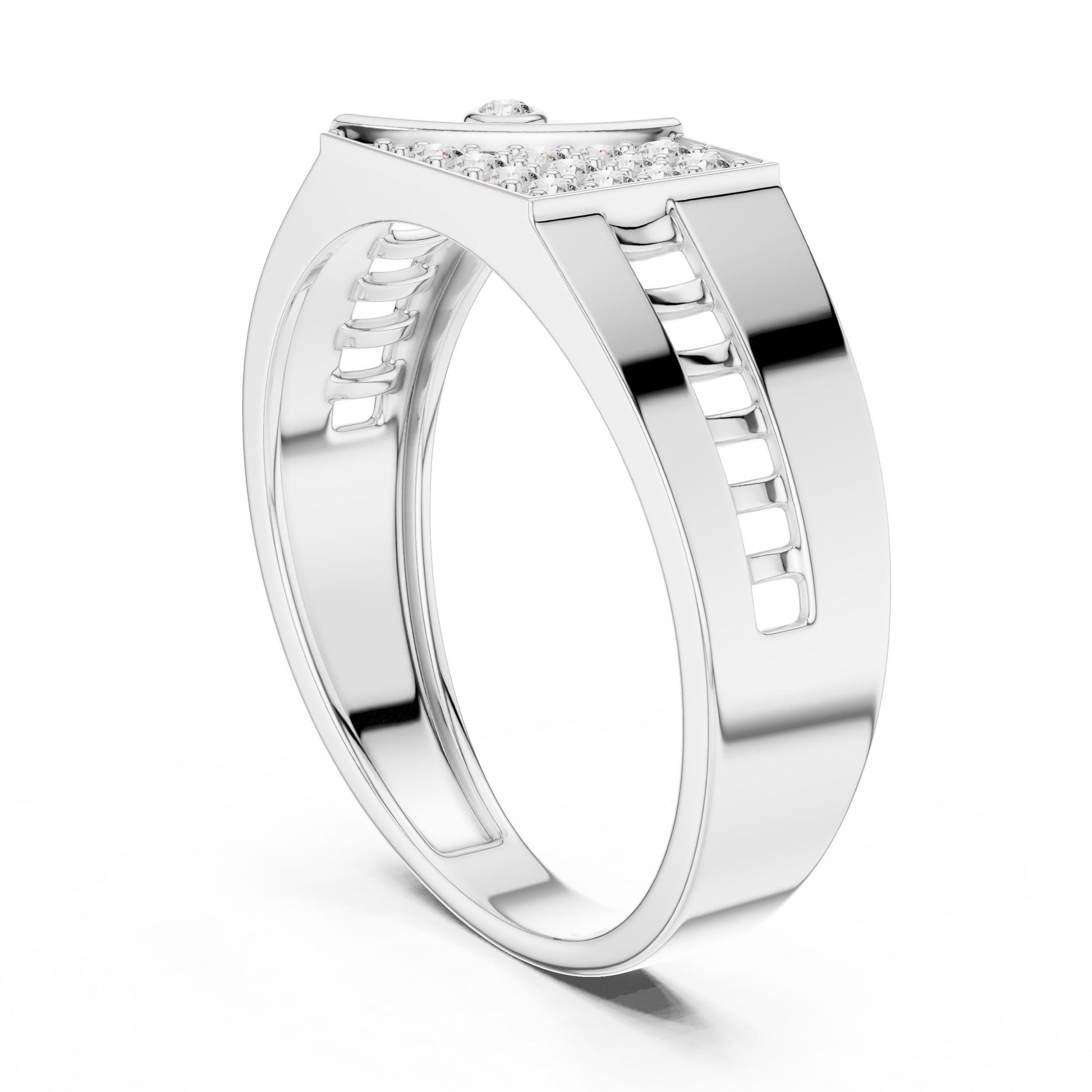 Gold and silver geometric statement ring by Riora featuring cubic zirconia, hypoallergenic jewelry for men and women.