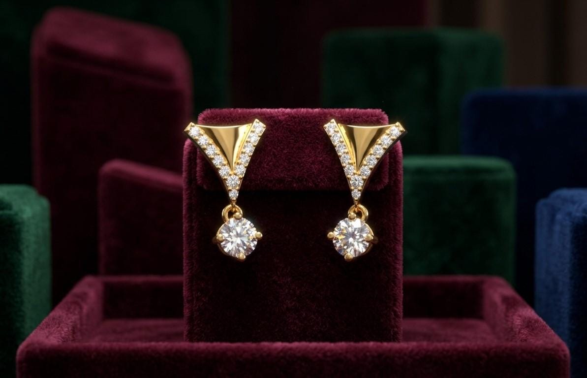 Riora moissanite drop earrings in V shape, rose gold and silver dangle jewelry for bridal or wedding occasions