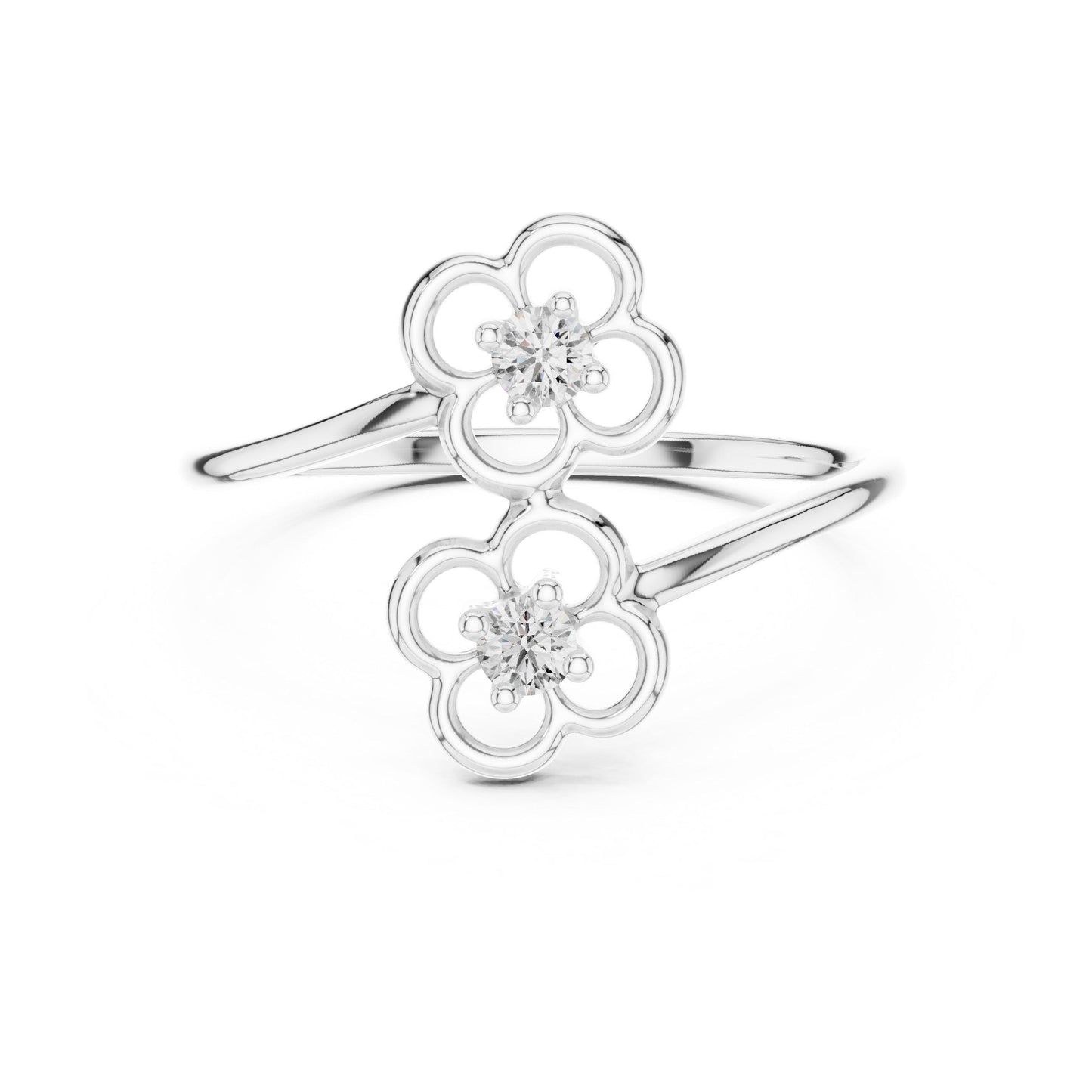 Riora moissanite double flower rose gold ring with open floral design, minimalist stackable band, adjustable fit, elegant jewelry