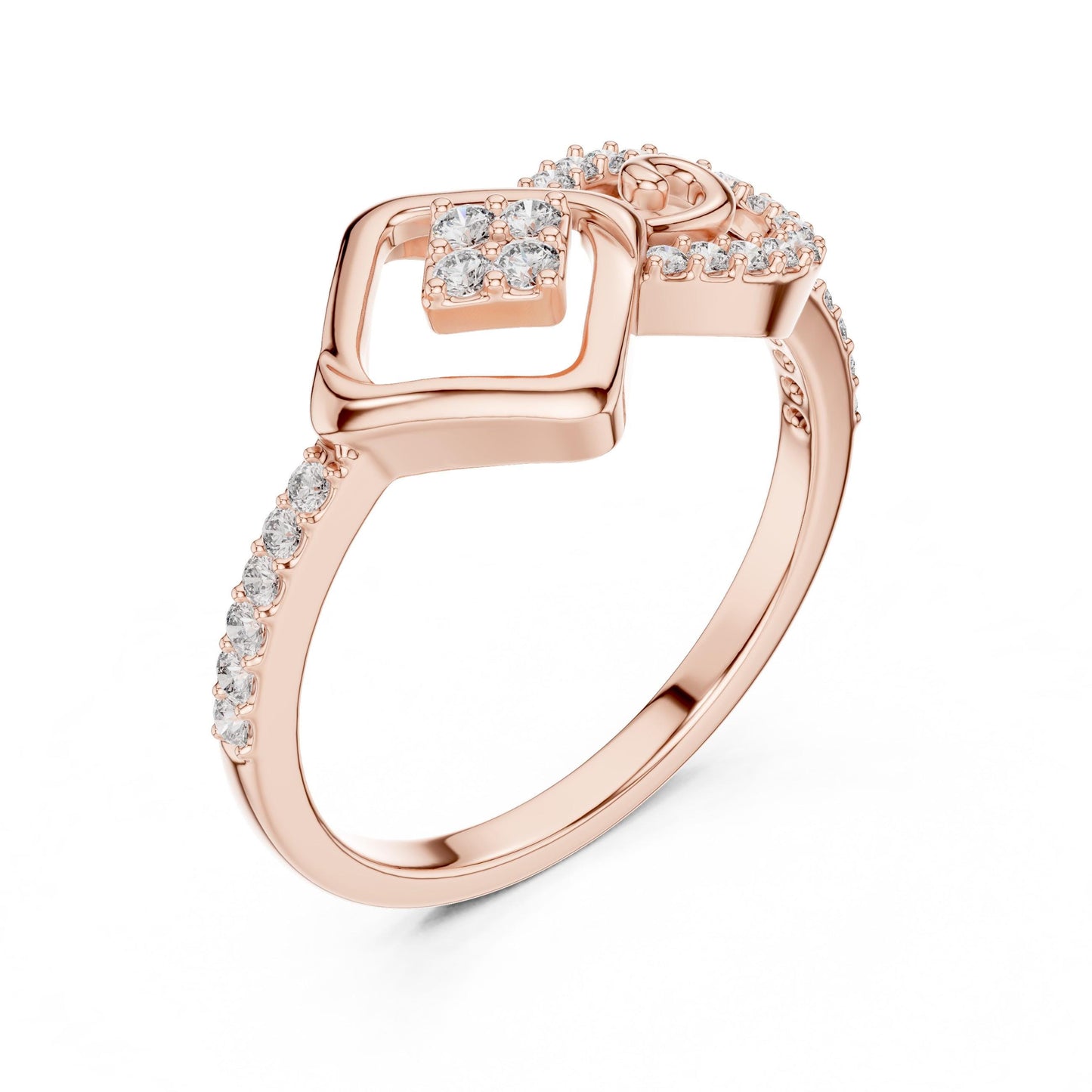 Rose gold geometric swirl moissanite diamond ring by Riora, minimalist modern engagement and promise jewelry with unique design.
