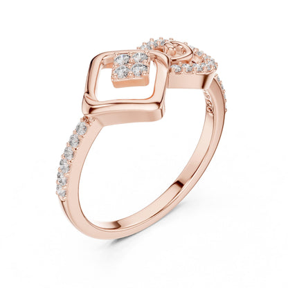 Rose gold geometric swirl moissanite diamond ring by Riora, minimalist modern engagement and promise jewelry with unique design.