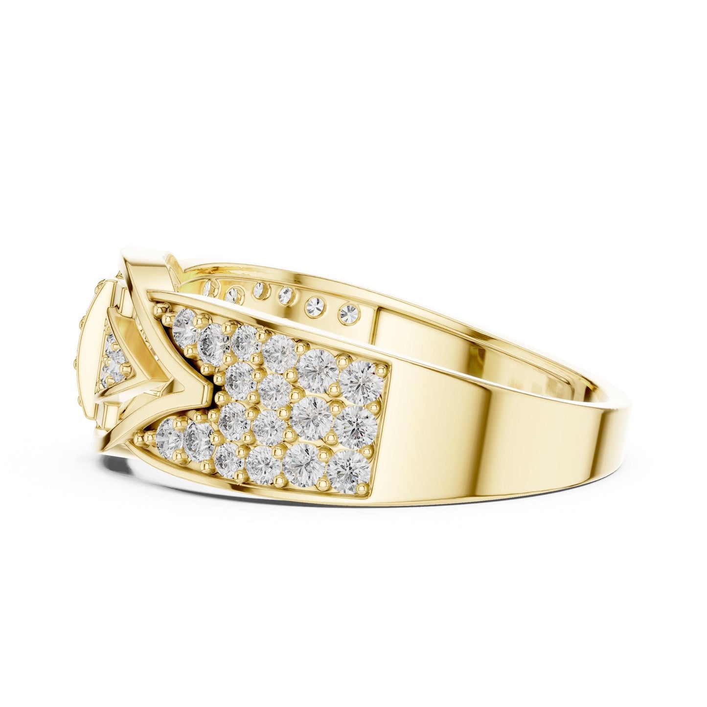 Riora Art Deco CZ triple panel wide band ring with hypoallergenic design, featuring sparkling cubic zirconia accents and intricate metalwork.