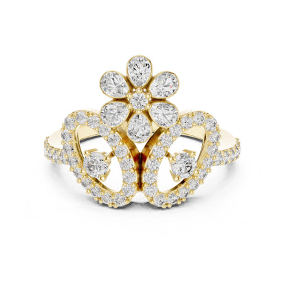Riora floral halo moissanite diamond crown ring in gold and silver, vintage-inspired bridal engagement promise band with intricate floral design.