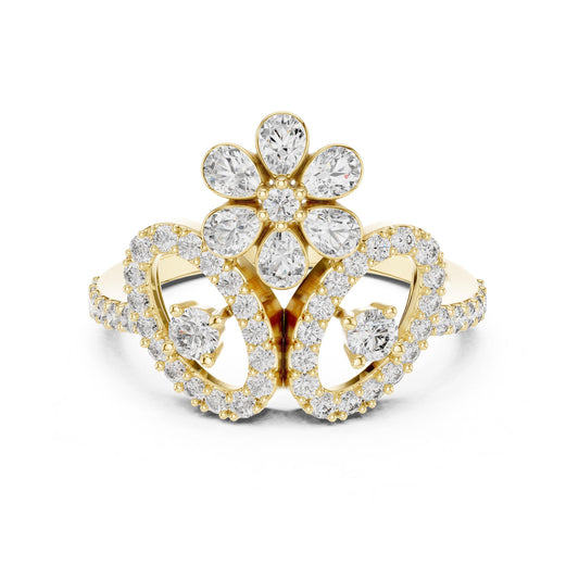 Riora floral halo moissanite diamond crown ring in gold and silver, vintage-inspired bridal engagement promise band with intricate floral design.
