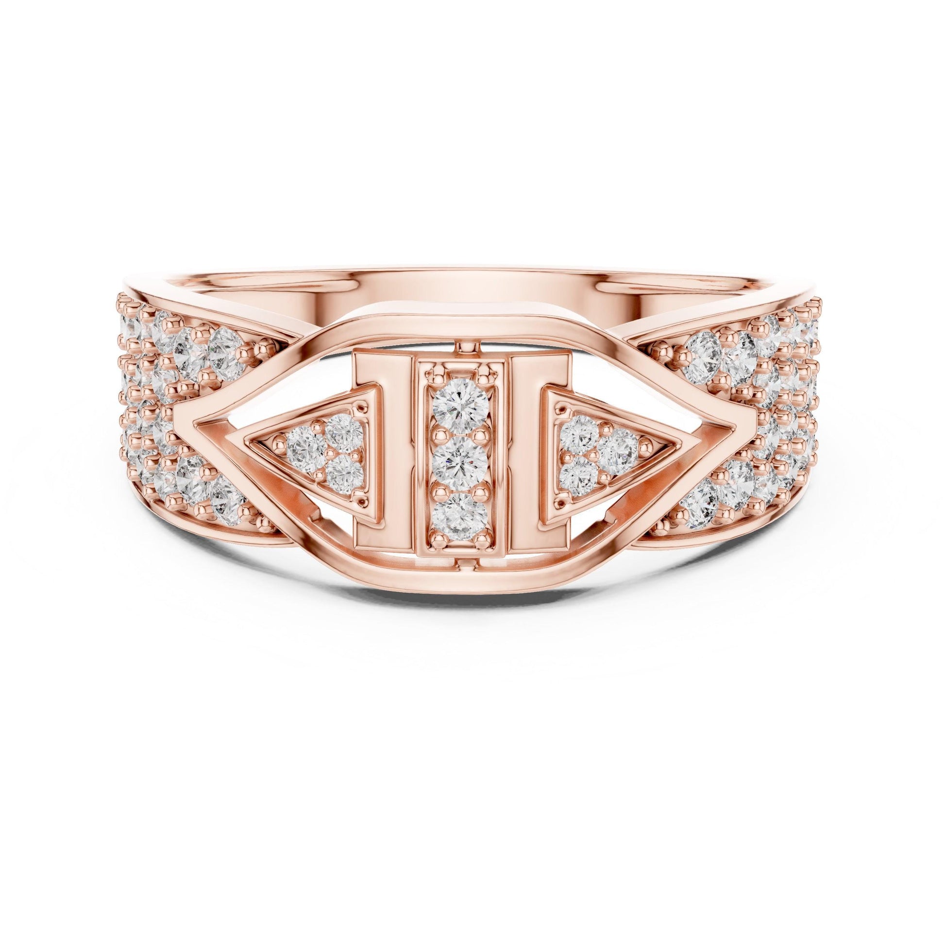Riora Art Deco CZ triple panel wide band ring showcasing glittering cubic zirconia and sleek gold-tone design, hypoallergenic jewelry.