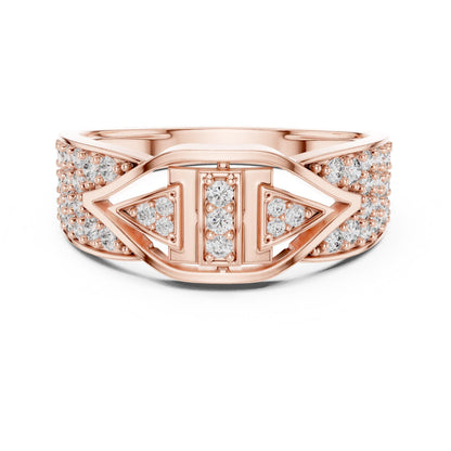 Riora Art Deco CZ triple panel wide band ring showcasing glittering cubic zirconia and sleek gold-tone design, hypoallergenic jewelry.