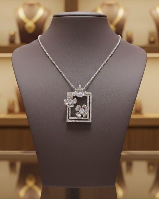 Floral Square Pendant Necklace – Gold Rose Silver, 22in Adjustable Chain, Hypoallergenic Gift for Her