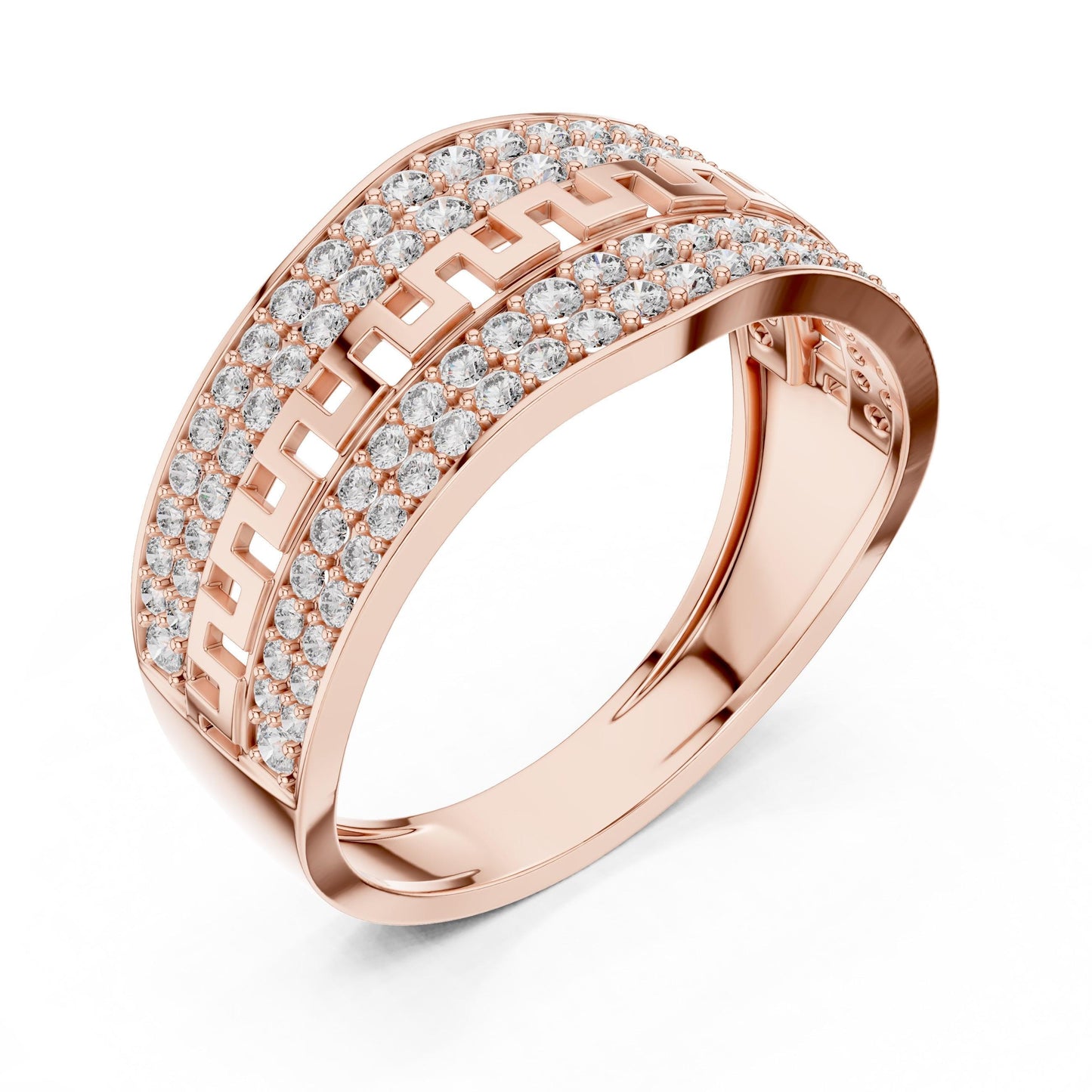 Riora wide CZ Greek band ring in gold and silver, featuring a luxurious statement design for women.