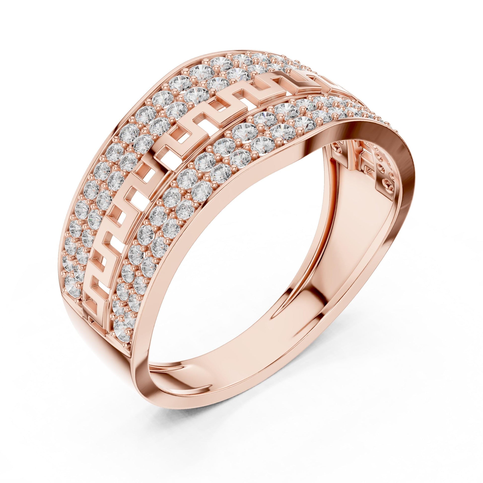Riora wide CZ Greek band ring in gold and silver, featuring a luxurious statement design for women.