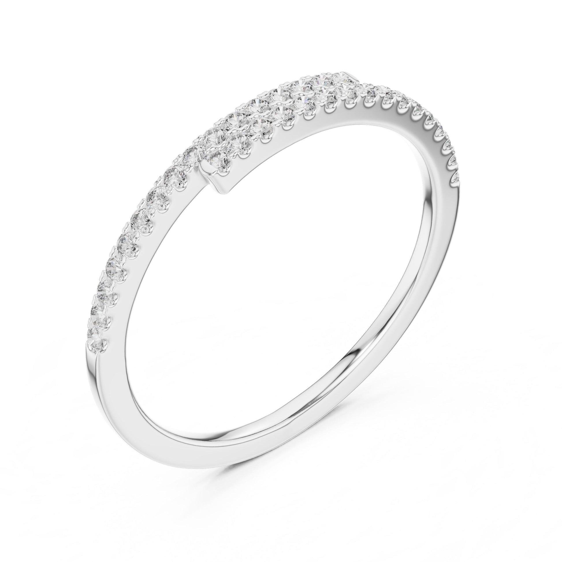 Rose gold moissanite curved wedding band with half eternity diamond style, minimalist stacking ring, by Riora.