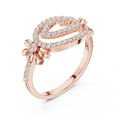 Riora floral swirl moissanite diamond ring in rose gold, vintage-inspired engagement and bridal promise band with intricate floral design