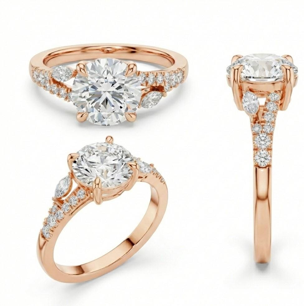 Rose gold and silver luxury engagement ring by Riora featuring a romantic, nickel-free design with sparkling gemstone accents.