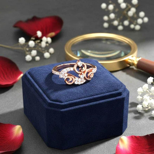 Rose gold swirl moissanite diamond ring for women with twisted band, elegant promise jewelry by Riora