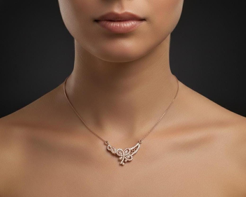 Riora luxury butterfly moissanite diamond necklace with rose gold pendant, elegant bridal jewelry for women.
