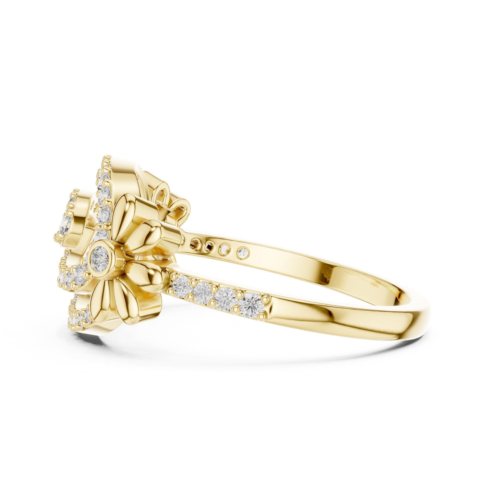 Riora floral swirl moissanite diamond ring in gold rose gold vintage style for engagement or bridal promise band.