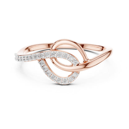 Riora infinity moissanite ring with twisted knot design in rose gold and silver, romantic engagement band with diamond accents