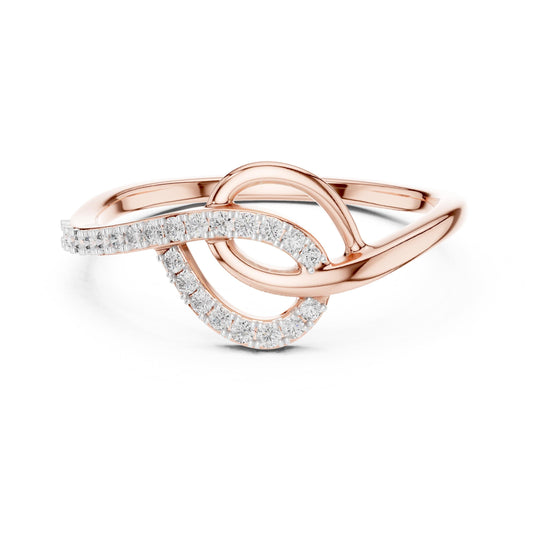 Riora infinity moissanite ring with twisted knot design in rose gold and silver, romantic engagement band with diamond accents