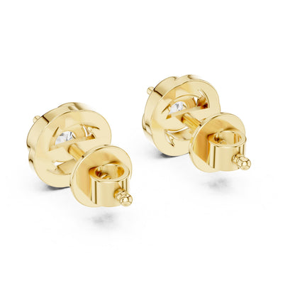 Riora moissanite diamond stud earrings in gold, rose, and silver with tiny sparkling stones, minimalist bridal jewelry style.