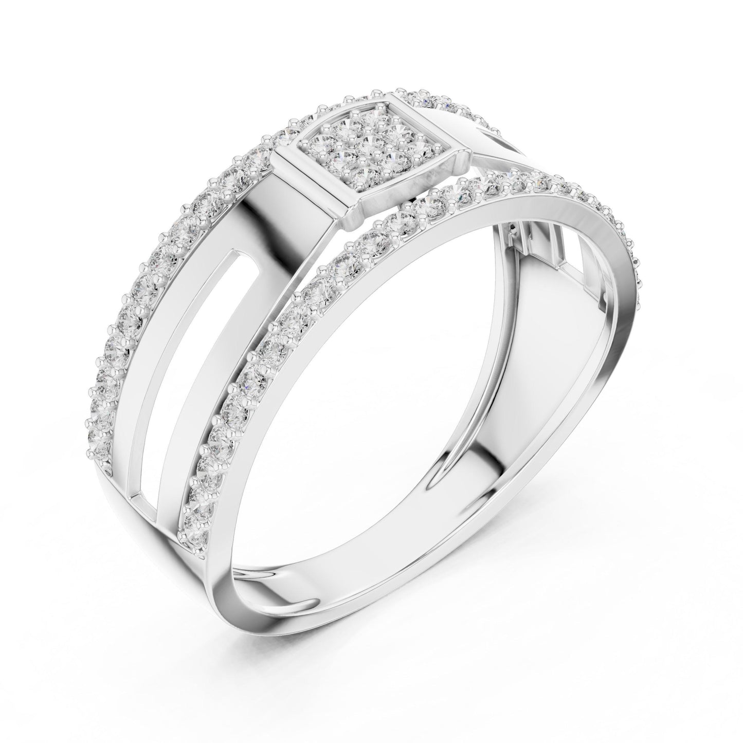 Riora luxury CZ double row wide band ring in rose silver, hypoallergenic anniversary and promise jewelry with sparkling stones.