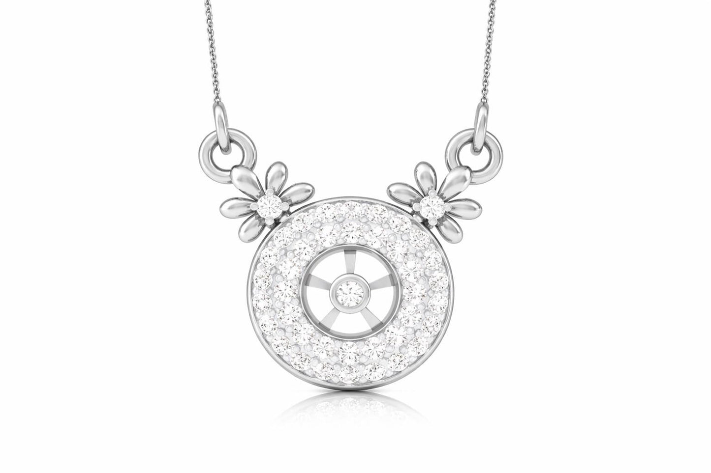 Rose gold Moissanite halo pendant necklace with floral design and circle charm, elegant bridal jewelry by Riora.