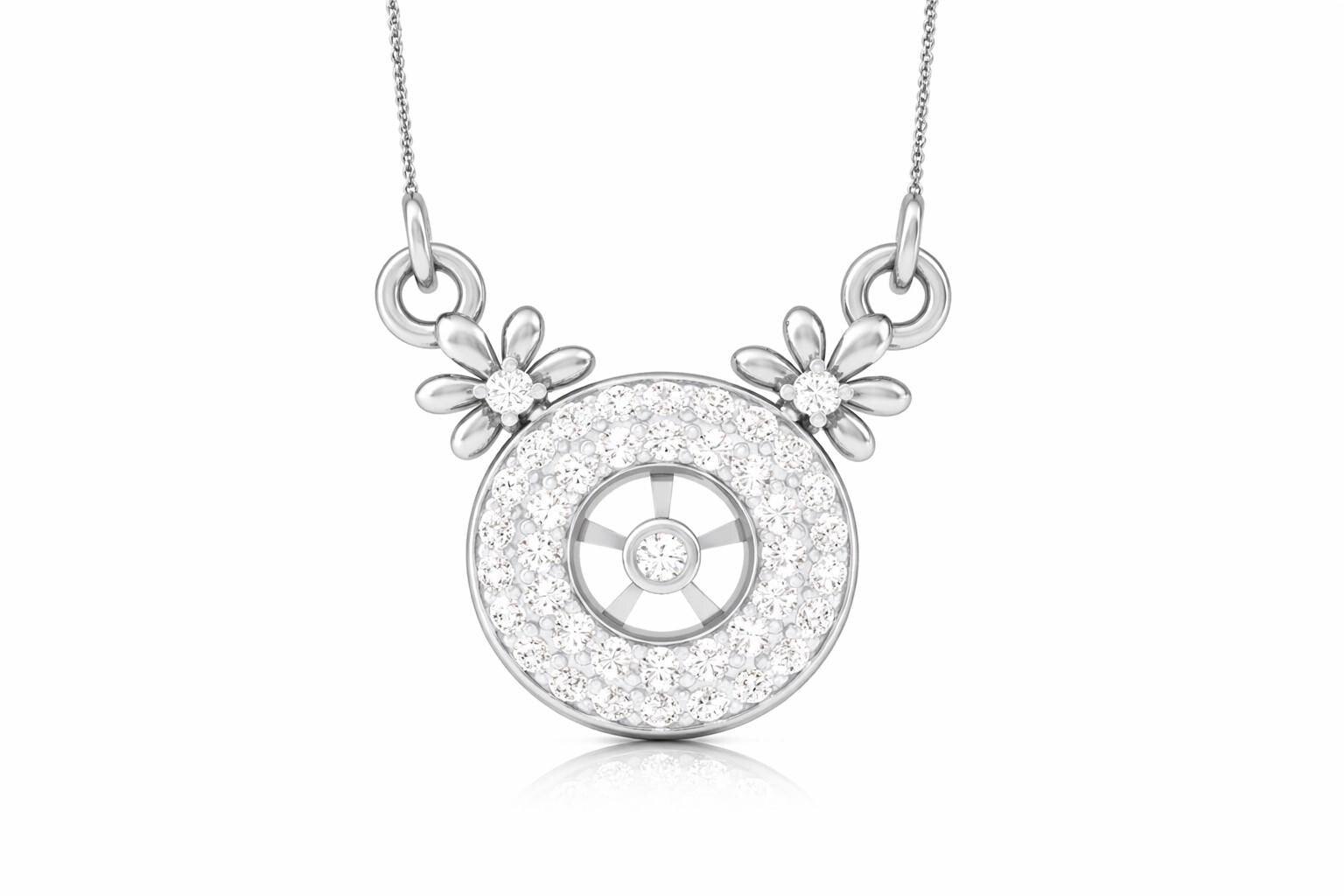 Rose gold Moissanite halo pendant necklace with floral design and circle charm, elegant bridal jewelry by Riora.