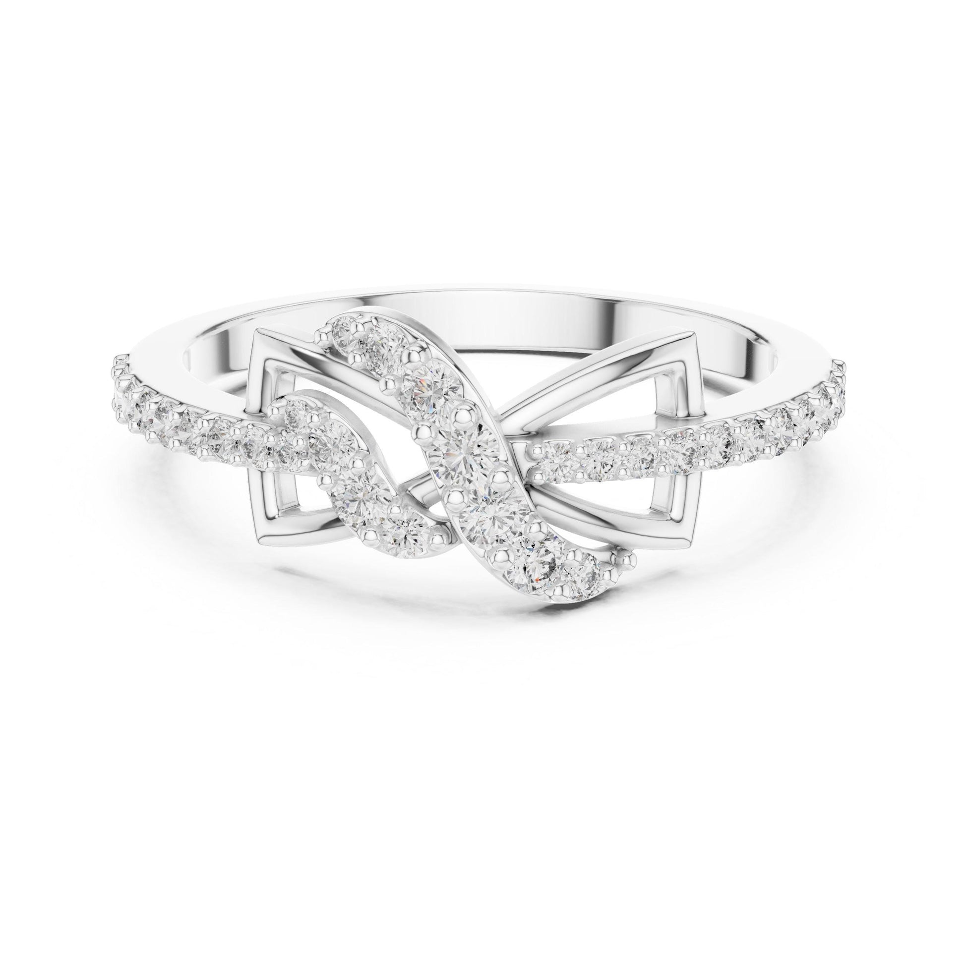 Riora infinity knot moissanite diamond ring with gold and rose gold bands, minimalist dainty wedding promise jewelry.