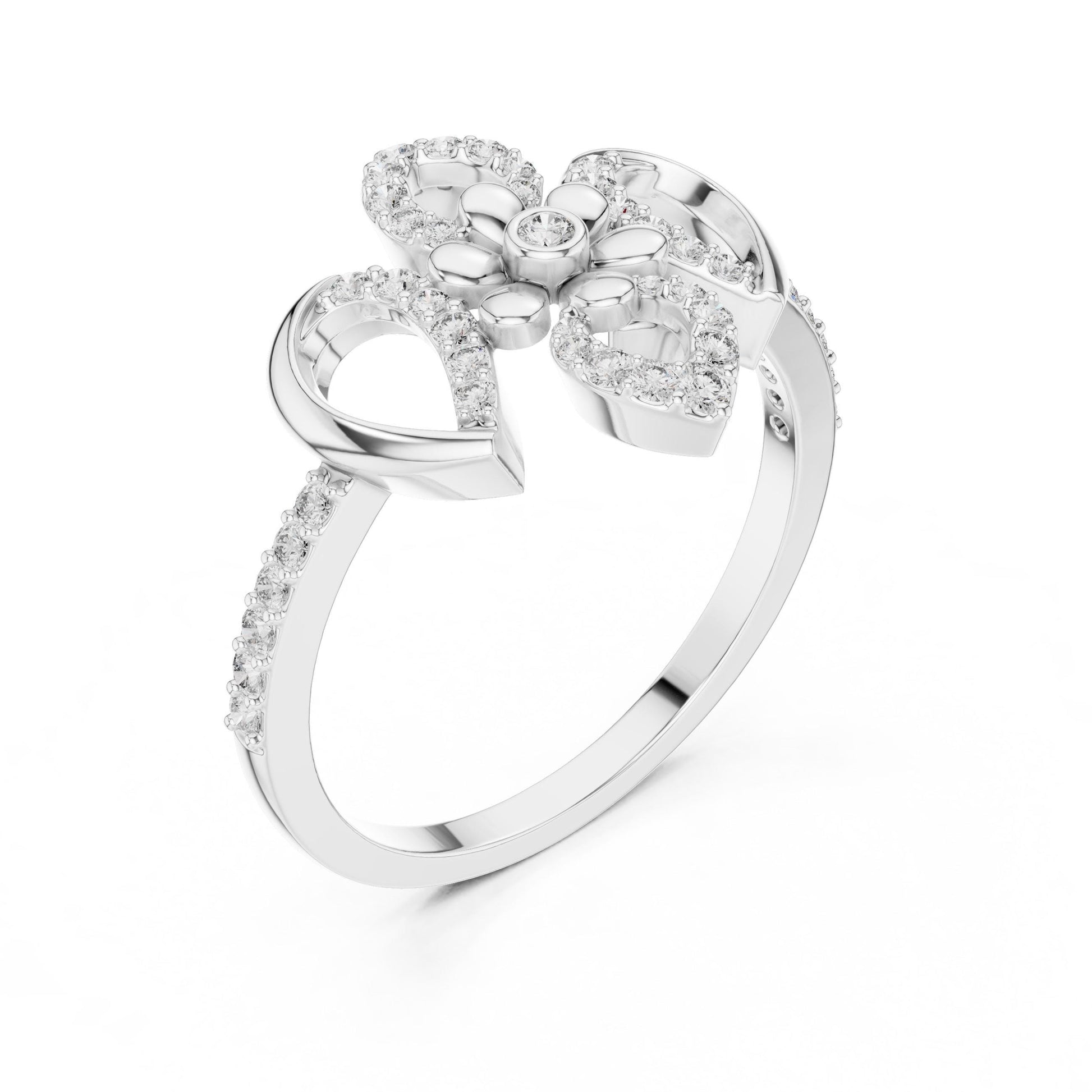 Rose gold floral engagement ring with moissanite and vintage flower design, featuring intricate floral detailing.