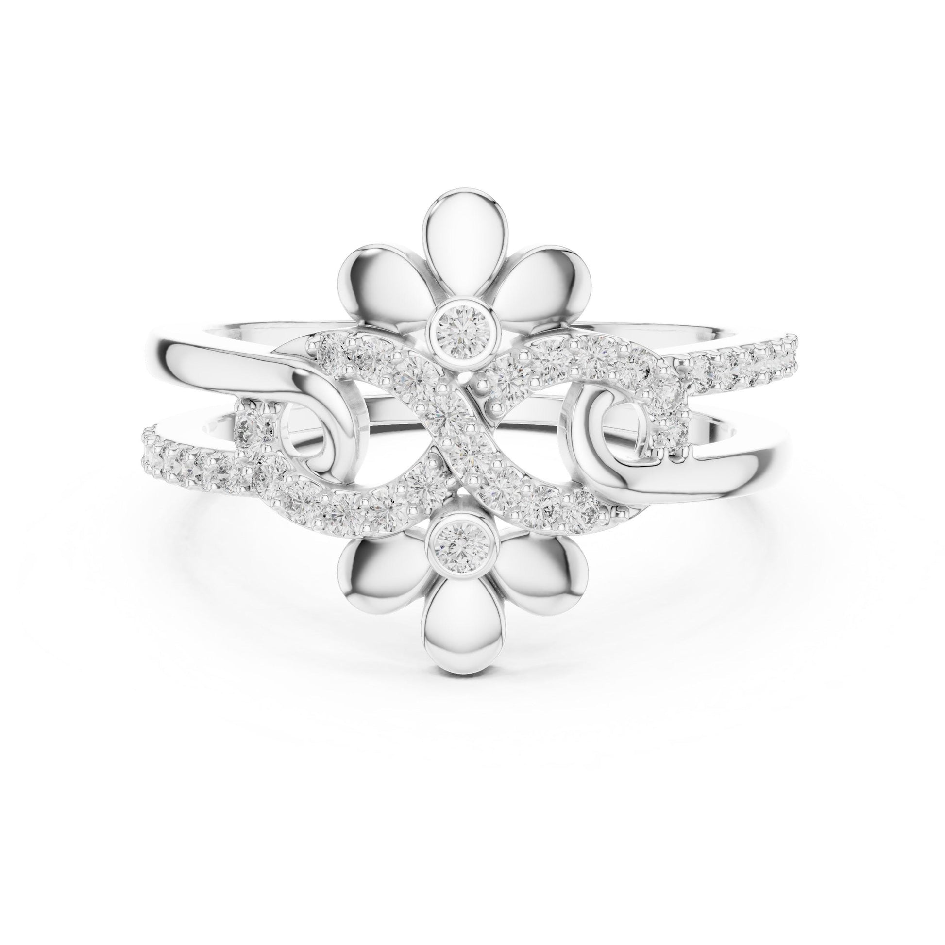 Riora luxury floral moissanite engagement ring with vintage design, nature-inspired details, and a unique bridal promise band.