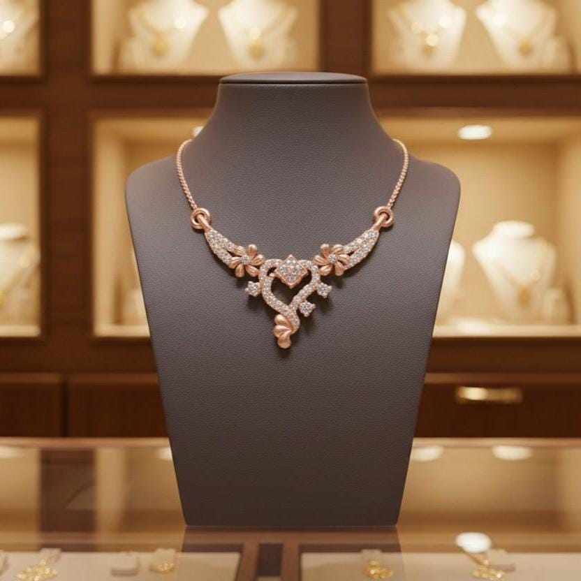 Moissanite Floral Pendant Necklace, Gold Rose Silver Adjustable Chain, Elegant Wedding Jewelry