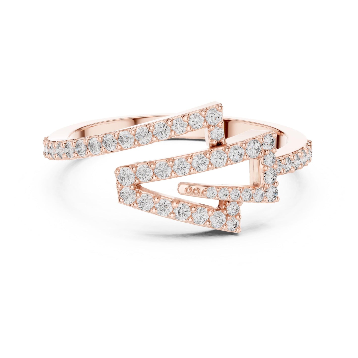 Riora zigzag moissanite diamond ring with geometric wrap design, minimalist stackable wedding band on a white background.