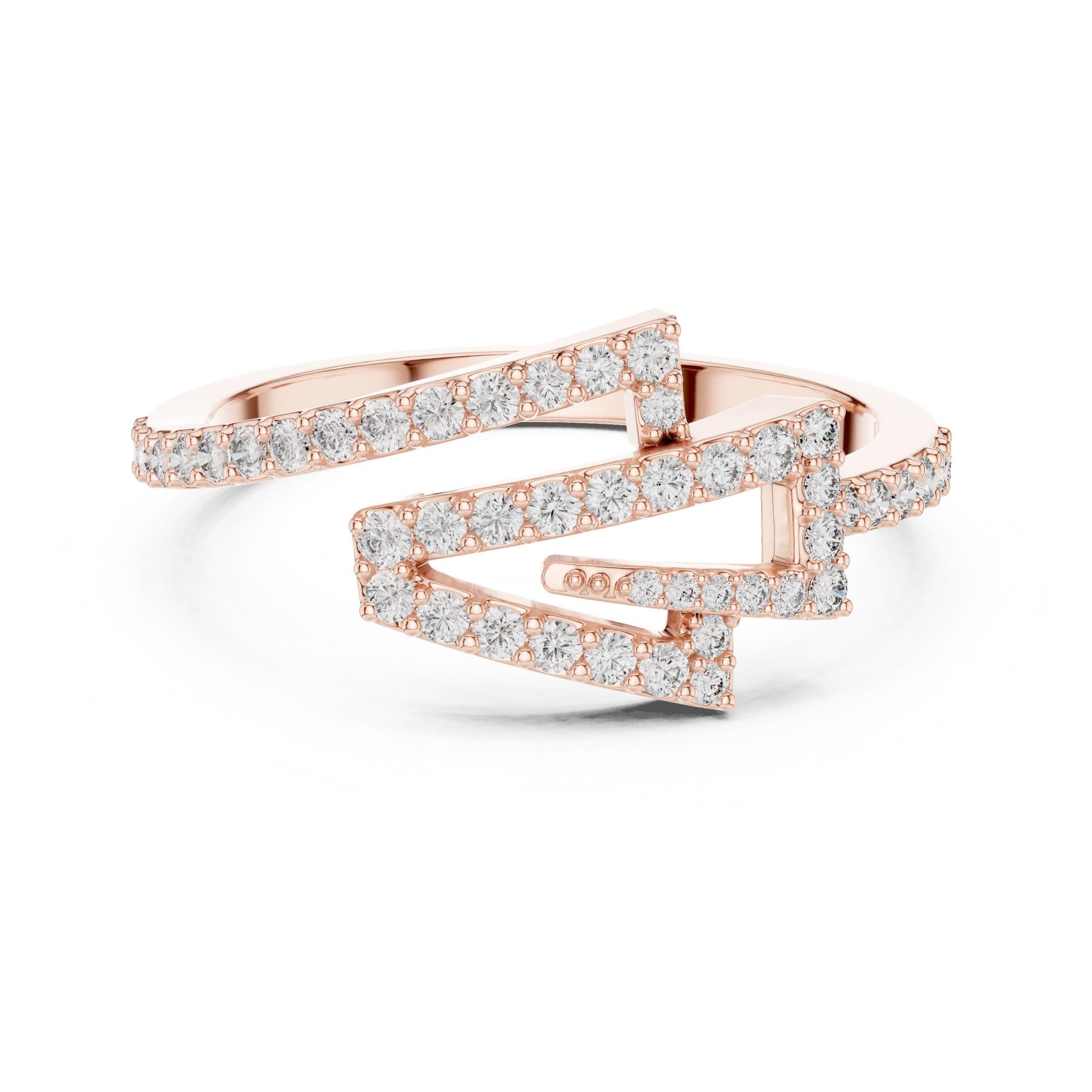 Riora zigzag moissanite diamond ring with geometric wrap design, minimalist stackable wedding band on a white background.